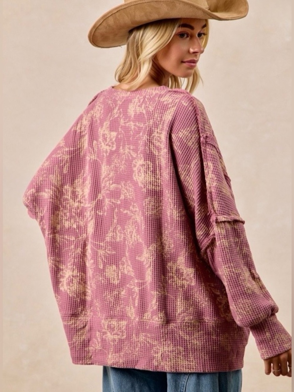 Oversized Waffle Knit Vintage Dusty Rose and Cream Pullover Boho Sweatshirt